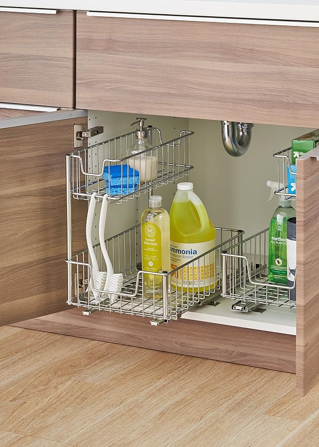 Trinity Sliding Undersink Organizer with 2 Baskets for Kitchen and Bathroom Cabinet Organization and Storage, 50 Pound Capacity, 11.5” W x 17.75” D x 16” H, 2-Pack, Silver | Steel Construction | Smooth-Glide Rails | 50 lb Capacity | Kitchen & Bathroom ... - Image 3