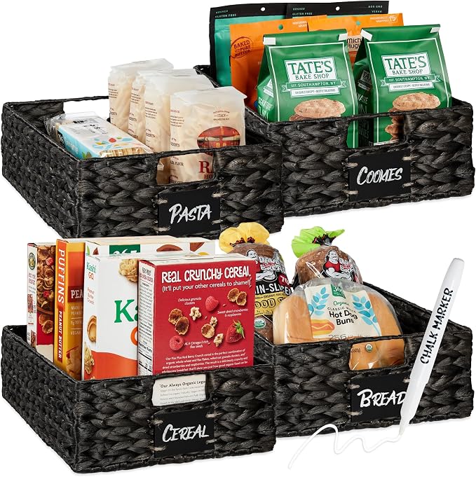 Best Choice Products Set of 4 16x12in Large Water Hyacinth Pantry Baskets, Woven Organizers w/Chalkboard Label, Chalk Marker - Black by Unknown