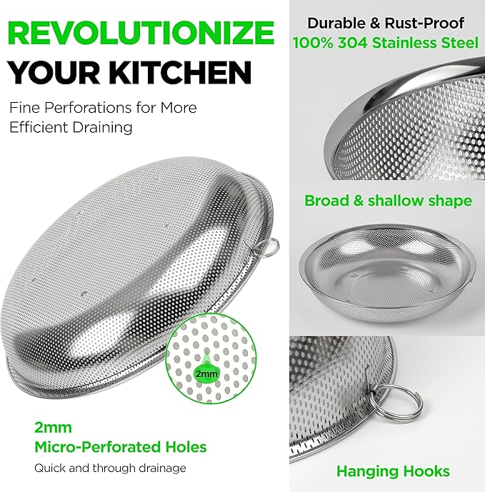 Shallow Stainless Steel Colander Set of 3 – Micro-Perforated Tray Strainers for Berries Vegetables Fruit, 18/8 304 Low Profile (2, 3, 4 Qt) Self-Draining Base, Dishwasher Safe, Made in Korea - Image 3