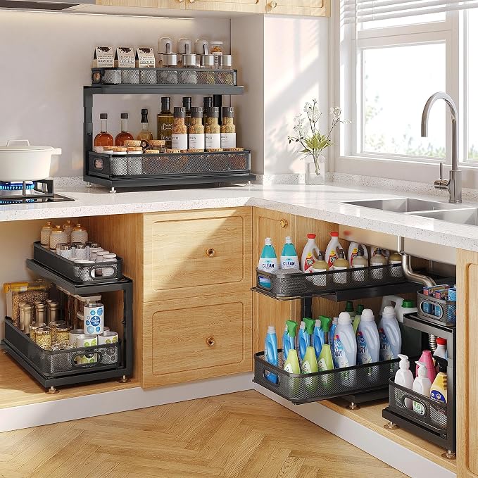 2-Pack 18.5 IN Depth Under Sink Organizer With Next-Gen Ball-Bearing Slides,Sophisticated Mesh 2-Tier Pull Out Shelf for Kitchen & Bathroom,Fits Small Items-Black - Image 8