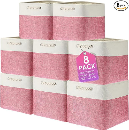 meekoo 8 Pack Collapsible Storage Bins Fabric Storage Bins Polyester Fabric Baskets with Handles Linen Closet Organizer for Shelf Home Closet Towels Toys(12 x 12 x 12 in,Pink White) by meekoo