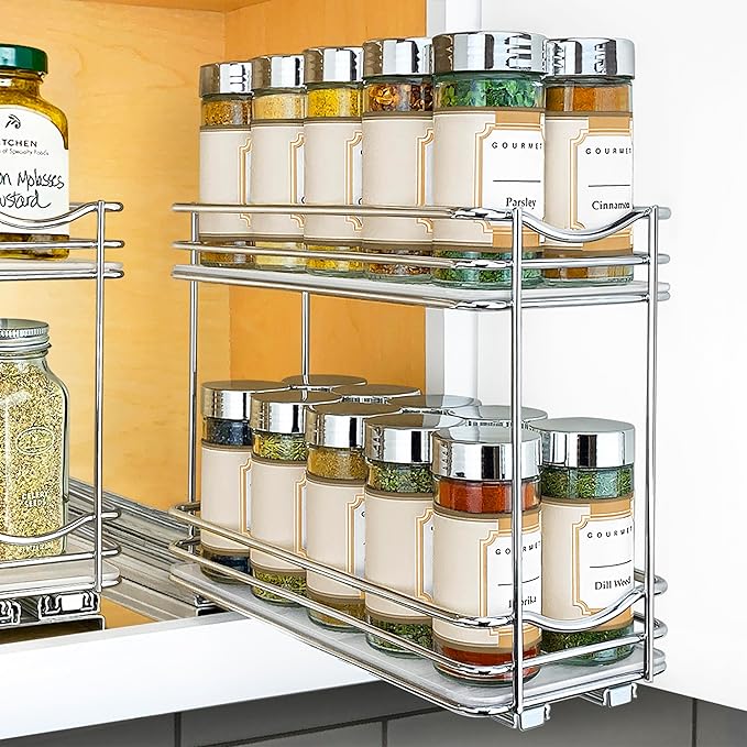 LYNK PROFESSIONAL® Pull Out Spice Organization for Cabinets - 4-3/8 inch Wide – Spice Rack for Inside Cabinets, Slide Out Spice Rack Organizer for cabinet – Pull Out Spice Rack, Sliding 2 Tier Chrome by LYNKPROFESSIONAL