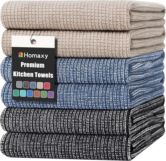 Homaxy 380 GSM Cotton Premium Kitchen Towels 6 Pack, 18"x 28", Mix | Flat and Terry Dish Towels, Highly Absorbent Tea Towel Set with Hanging Loop, Soft Kitchen Hand Towels, Navy/Khaki/Black by Homaxy