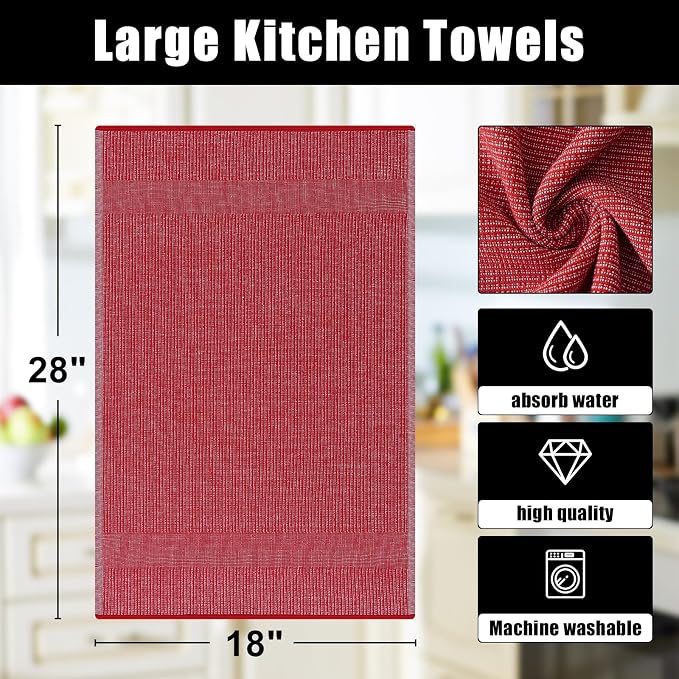 Homaxy 380 GSM Cotton Premium Kitchen Towels 6 Pack, 18"x 28", Red | Flat and Terry Dish Towels, Highly Absorbent Tea Towel Set with Hanging Loop, Soft Utility Kitchen Hand Towels - Image 9