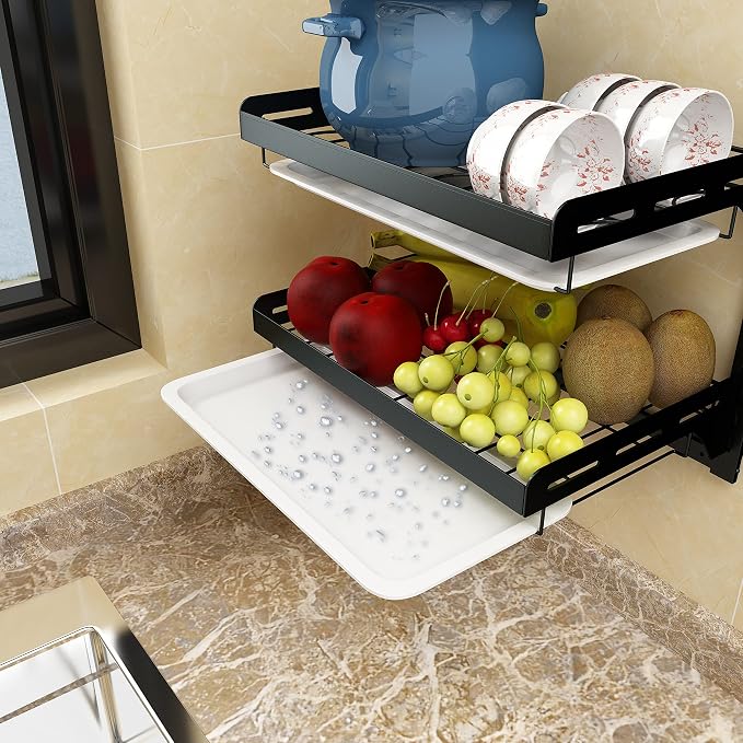 Wall Mounted Stainless Steel Dish Drying Rack Fruit Vegetable Storage Basket with Drainboard and Hanging Chopsticks Cage Knife Holder Kitchen Supplies Shelf Utensils Organizer (3-Tier) - Image 5