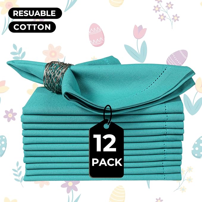 Bedding Craft Cotton Cloth Dinner Napkins Set of 12 – 18x18 Latigo Bay Teal with Hemstitched Mitered Corners – Machine Washable Reusable Napkins for Weddings, Parties & Daily Use - Image 3
