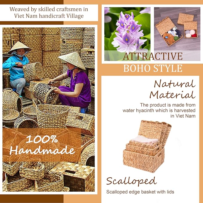 LUSYDECO Set of 3 Scalloped Edge Wicker Basket with Lid, Rectangle Wicker Storage Basket with Built-in Handles, Multipurpose Organizer Rattan Display Boxes for Shelf, Nursery Room - Image 6
