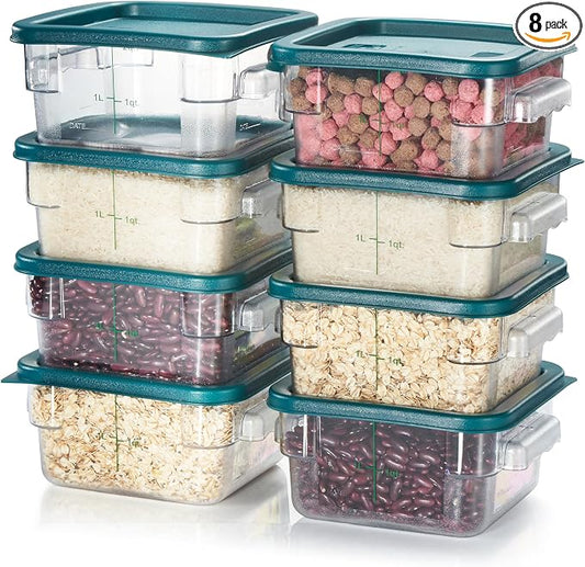 8-Pack 2 Qt NSF Clear Polycarbonate Food Storage Containers with Green Lids - Square, Commercial-Grade, Freezer & Dishwasher Safe, Stackable by CURTA