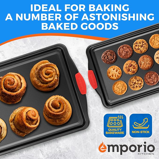 Emporio Kitchen Baking Pan Set - Nonstick Coating, Carbon Steel Bakeware Set with Red Silicone Handles, PFOA, PFOS, PTFE Free, Recipe Booklet Included, Oven Safe Tray (Up To 450° F), Set of 3 - Black - Image 7