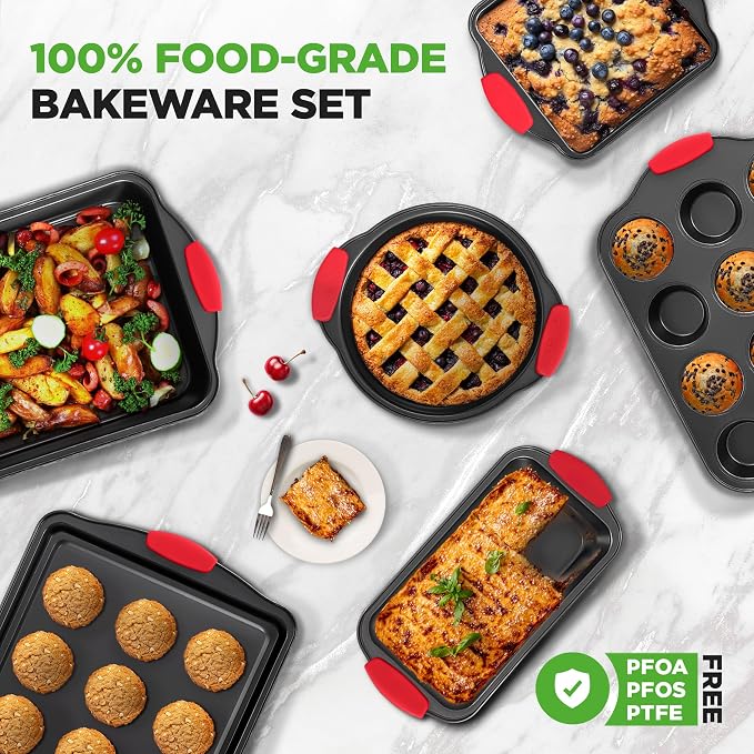 NutriChef Nonstick Baking Pans Set 6 Piece | Carbon Steel Baking Pans for Oven with Silicone Handles Stackable Bakeware | Includes Cookie Sheet, Muffin, Loaf, Round and Square Pan | 446°F Max, Gray - Image 5