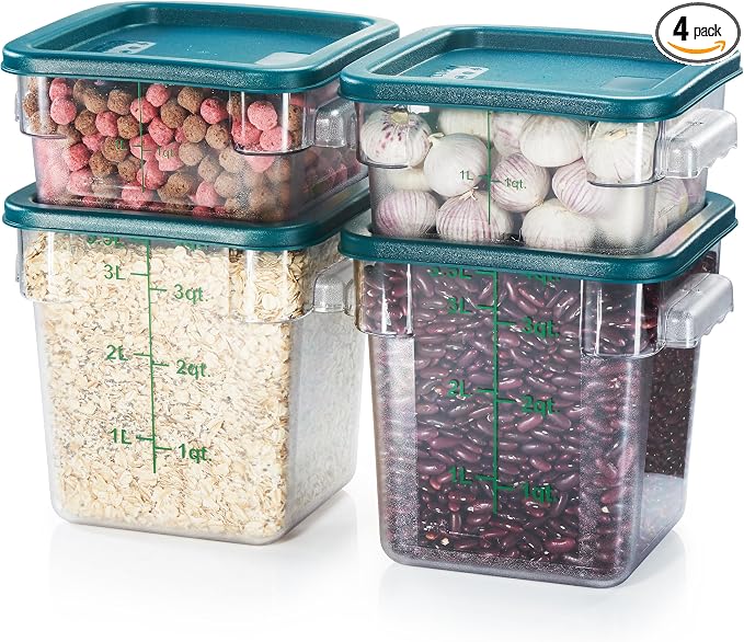 4-Pack Food Storage Containers with Green Lids - 2 Qt & 4 Qt Square Clear Polycarbonate - NSF Listed, Commercial Grade, Freezer & Dishwasher Safe, Stackable by CURTA