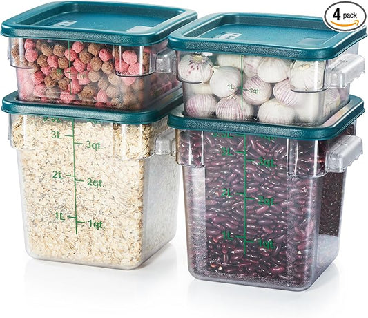 4-Pack Food Storage Containers with Green Lids - 2 Qt & 4 Qt Square Clear Polycarbonate - NSF Listed, Commercial Grade, Freezer & Dishwasher Safe, Stackable by CURTA