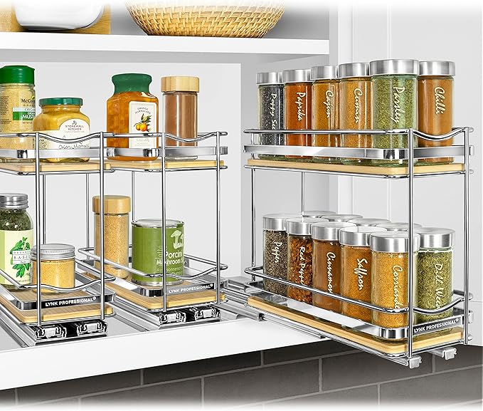 LYNK PROFESSIONAL® Élite™ Pull Out Spice Organization for Cabinets - 4-3/8 inch Wide – Spice Rack for Inside Cabinets – Wood/Chrome - Sliding Spice Rack Organizer for cabinet – Spice Rack - 2 Tier - Image 7