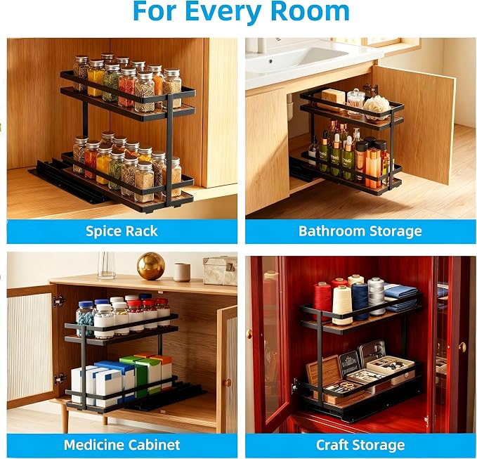 Pull Out Spice Rack 2-Tier Metal & Wood Seasoning Organizer | No-Drill Install | Full-Extension Silent Glide | Each Tier Holds 10–12 Standard Spice Bottles | Rustproof, Wipe-Clean Surface - Image 2