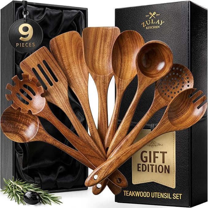 Zulay Kitchen 9-Piece Teak Wooden Utensils for Cooking - Natural Teak Utensil Set with Premium Gift Box - Non-Stick Wooden Spoons for Cooking - Kitchen Gift Set - Comfortable Grip Wooden Utensil Set by ZulayKitchen