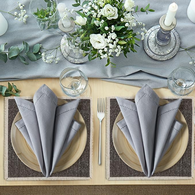 Ramanta Home Grey Cloth Dinner Napkin Set of 12-18x18 Inch | Cotton Linen Flax Hemstitched Napkins Washable for Everyday Use - Image 3