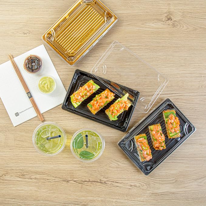 Restaurantware Plastic Sushi Trays 100 Pack of 8.2 x 5.3 x 1.57 Inch With Clear Lids Leak-Resistant Sushi Take Out Boxes Stackable Containers For Grab-And-Go - Image 8