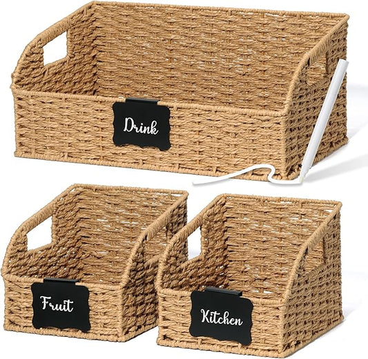 Pantry Organizers, Handwoven Large Wicker Baskets for Shelves & Kitchen, Labeled Storage Baskets for Organizing with Handles - Paper Storage Bins for Shelves, 3 Pack, Natural by Unknown