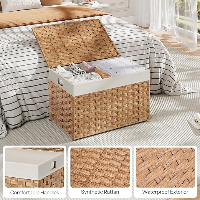HOOBRO Storage Basket with Lid, 17.2 Gallon (65L) Wicker Basket, Handwoven Blanket Storage Basket with Handles, Metal Frame and Soft Lining, Foldable for Bedroom, Laundry Room, Natural NL265CW01 - Image 7