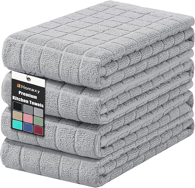 Homaxy Premium Ring Spun Cotton 390 GSM Kitchen Towels, 6 Pack, Light Grey | 16" x 28" Large Dish Towels, Super Absorbent Terry Hand Towels, Soft Tea Towels with Hanging Loops by Homaxy