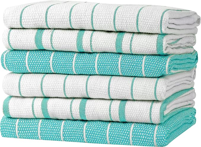 Zeppoli Classic Kitchen Towels - 6 Pack 100% Natural Cotton Towel Set, Reusable Wash Cloths, Absorbent Dish Towels, Machine Washable Hand Towels, Kitchen Essentials, 20" x 28" - Aqua Base by Zeppoli