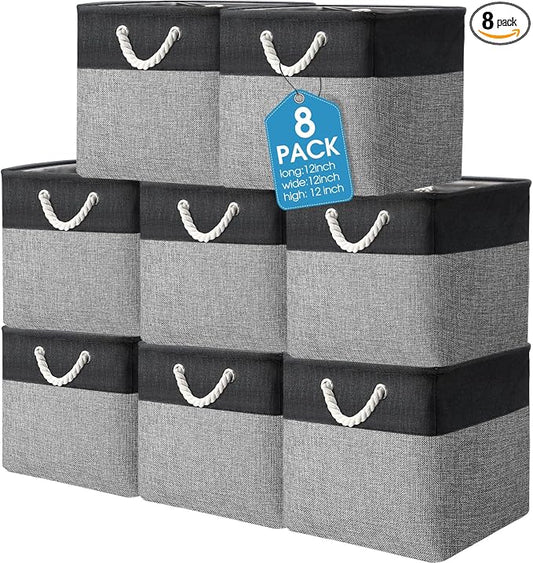 meekoo 8 Pack Collapsible Storage Bins Fabric Storage Bins Polyester Fabric Baskets with Handles Linen Closet Organizer for Shelf Home Closet Towels Toys(12 x 12 x 12in,Black Gray) by meekoo