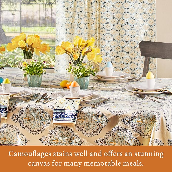 100% Pale Yellow Blue Cotton Dinner Napkins, Set of 6, Hand Printed Morning Dew Design, Fair Trade, Washable Cloth Napkins for Parties & Cocktails 20x20 in - Image 6