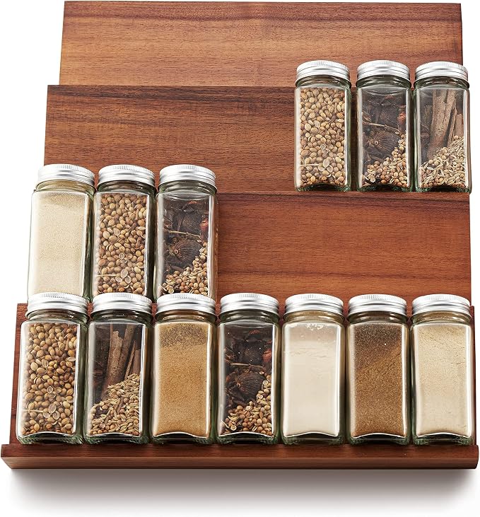 Tinamo Acacia Wooden Spice Rack Organizer for Cabinet - Spice Drawer Insert, Spice Organization for Cabinet, Seasoning Organizer, Spice Holder Pack of 4 (Acacia pack 4) | Acacia Wood Construction, No assembly Required, Stackable 4-tray Design, Spacious... - Image 5