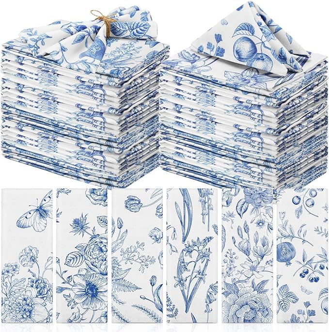 48 Pcs Cloth Napkins Bulk-15 x 15 Inch Soft Fabric Napkins Bulk Cloth Washable Reusable Plants Floral Square Napkin Cotton Dinner Towel for Spring Tea Party (Blue White Flower) by VitalCozy