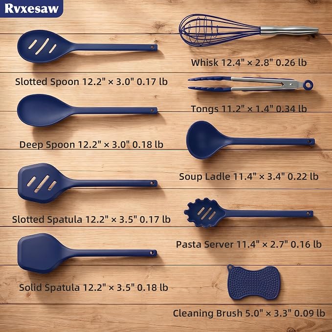 Kitchen Utensils Set,9 PCS Silicone Cooking Utensils Set Spatula Set,Tongs,Spoon,Whisk,Brush,Dishwasher Safe Kitchen Gadgets for Non-Stick Cookware,Home Essential，Kitchen Appliances(Navy Blue) - Image 4