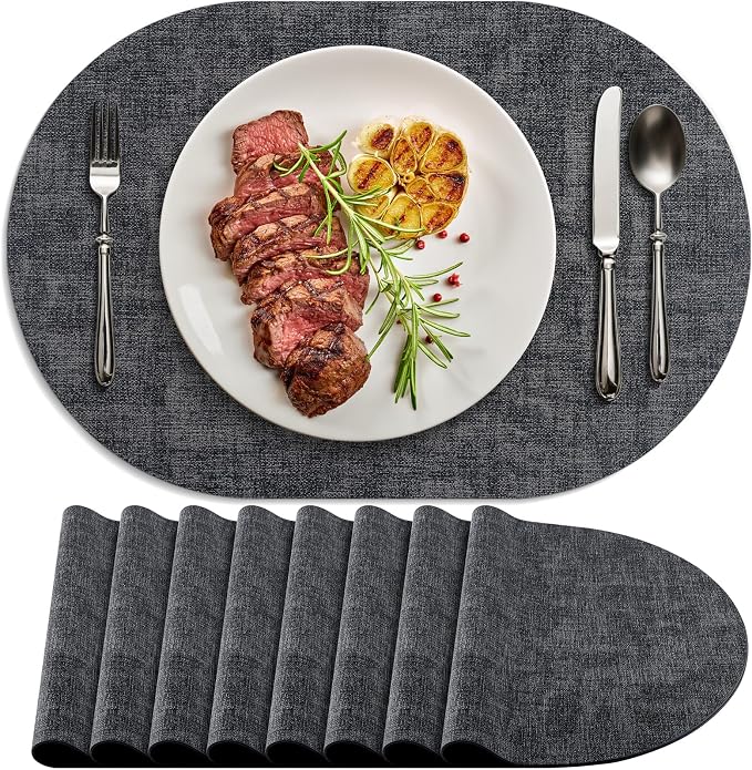 Placemats Set of 8 Non-Slip, Heat Resistant Oval Leather Place mats Double Layer, Waterproof Table Mats Easy to Clean for Kitchen Dining Room Coffee Office Table, Charcoal by Delicateandelegantplacemats