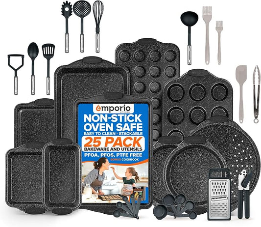 Emporio Kitchen Baking Pan Set - Nonstick Coating, Carbon Steel Bakeware Set with Gray Silicone Handles, PFOA, PFOS, PTFE Free, Recipe Booklet Included, Oven Safe Tray (Up To 450° F), Set of 25 - Gray by Unknown