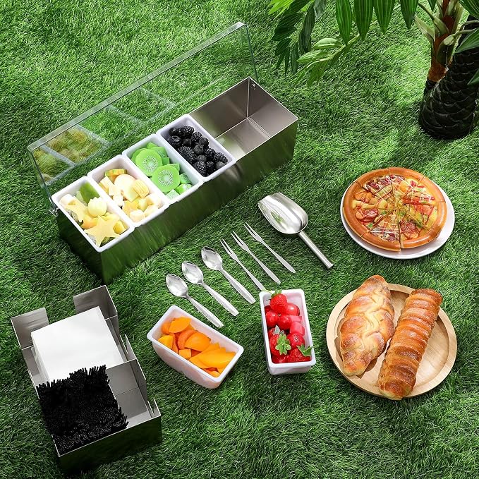 Tessco for you Garnish Tray with Lid Bar Caddy Ice Cooled Condiment Serving Container with Ice Scoop Metal Mini Serving Tongs Fruit Fork Spoons for Food Home Party Kitchen(Stainless Steel,6 Grids) - Image 5