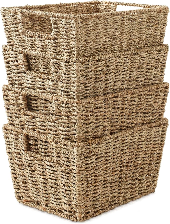 Casafield Set of 4 Seagrass Hyacinth Storage Baskets with Handles - Natural, Woven Storage Bins for Shelves, Blankets, Laundry Organization - Image 2