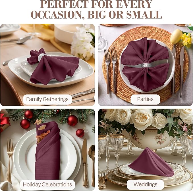 17x17-Inch Shantung Cloth Napkins, Aubergine, Set of 12 | Bulk Case of 1 Dozen, Satin, Square, 100% Polyester Fabric, Reversible, Faux Dupioni Silk Reverse Side, Machine Washable - Image 4