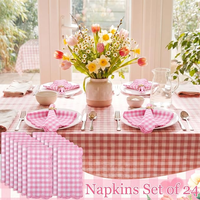 SmoothNovelty 24 Pack Buffalo Plaid Cloth Napkins 18x18 Inch Checkered Cloth Napkins Scalloped Soft Cotton Table Mat Washable Reusable for Dinner Wedding Holiday Birthday Parties (Classic,Pink) - Image 7