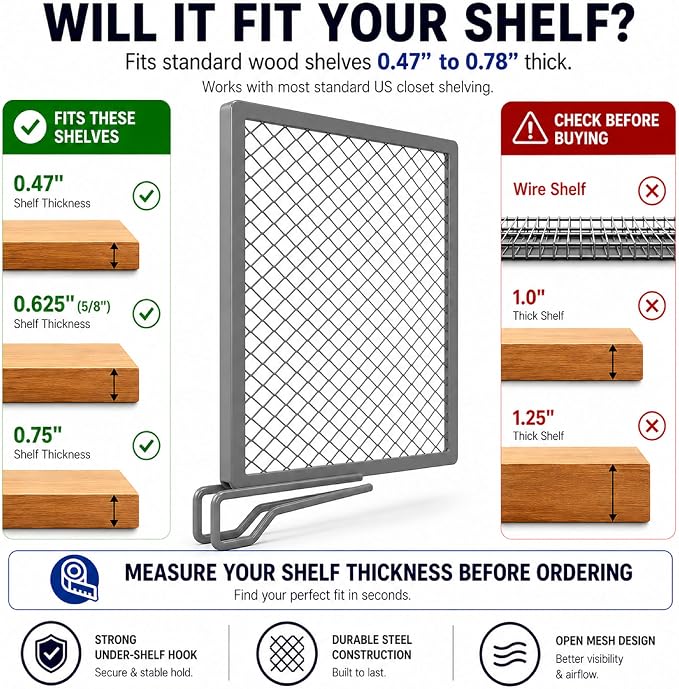 Nexu 6-Pack Metal Mesh Shelf Dividers for Closet Organization, Ultra-Stable Under-Shelf Hook Closet Dividers, Heavy Duty Purse, Handbag & Bag Organizer for Shelving, Clothes, Bedroom, Grey - Image 4