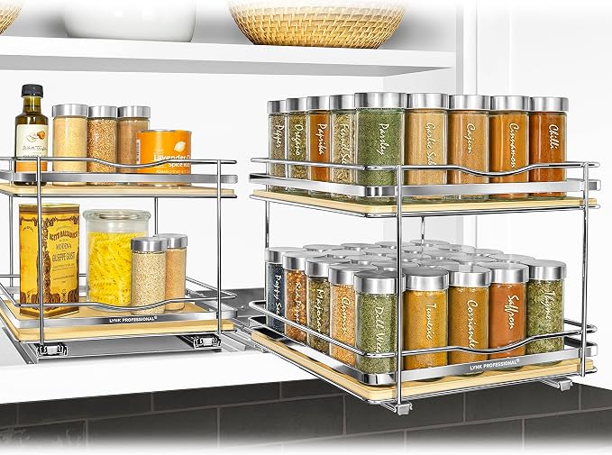 LYNK PROFESSIONAL® Élite™ Pull Out Spice Organization for Cabinets - 10-3/8 inch Wide – Spice Rack for Inside Cabinets – Wood/Chrome - Sliding Spice Rack Organizer for cabinet – Spice Rack - 2 Tier - Image 7