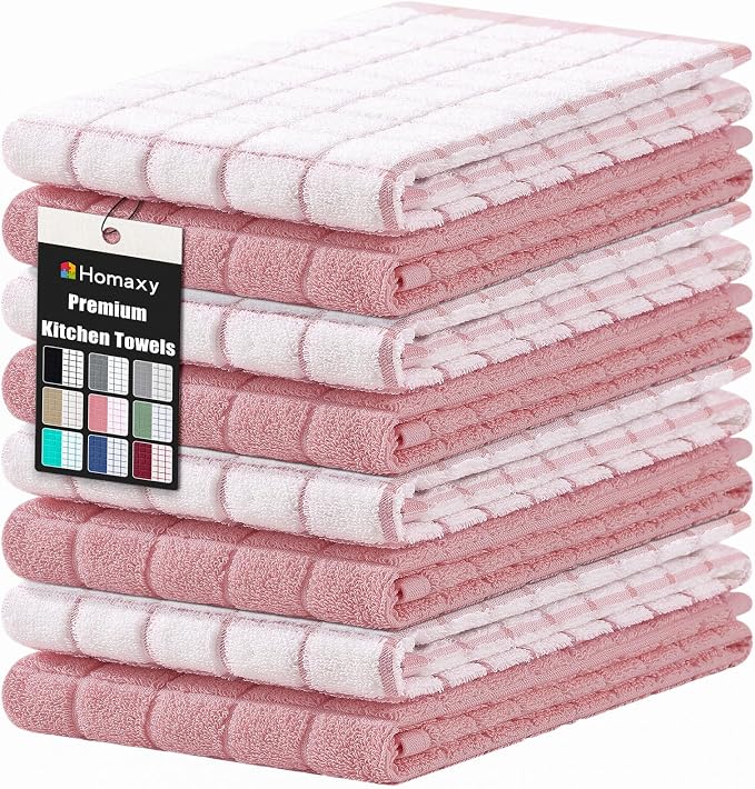 Homaxy Large Premium Cotton Kitchen Towels 16"x 28", 8 Pack, Rose | Natural Ring Spun 390 GSM Dish Towels, Super Absorbent Terry Kitchen Hand Towels, Soft Tea Towels with Hanging Loop by Homaxy
