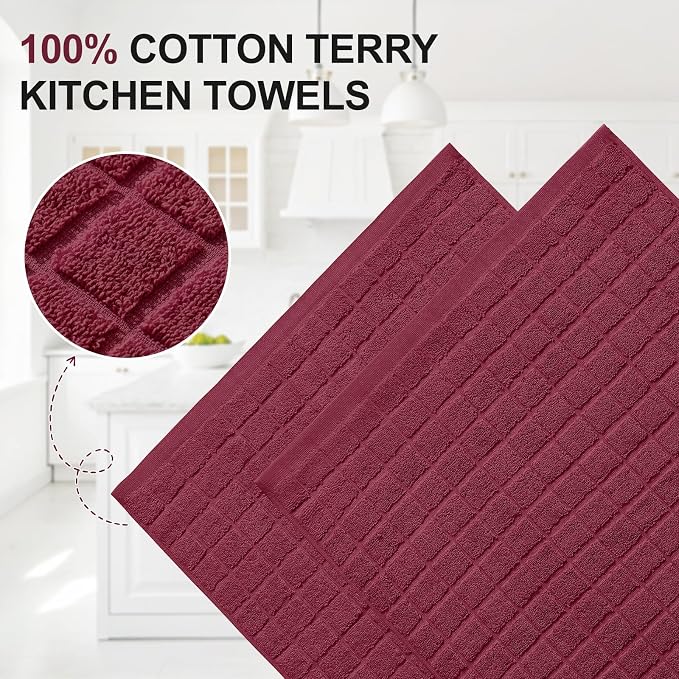 Homaxy Premium Ring Spun Cotton 390 GSM Kitchen Towels, 6 Pack, Red | 16" x 28" Large Dish Towels, Super Absorbent Terry Hand Towels, Soft Tea Towels with Hanging Loops - Image 2