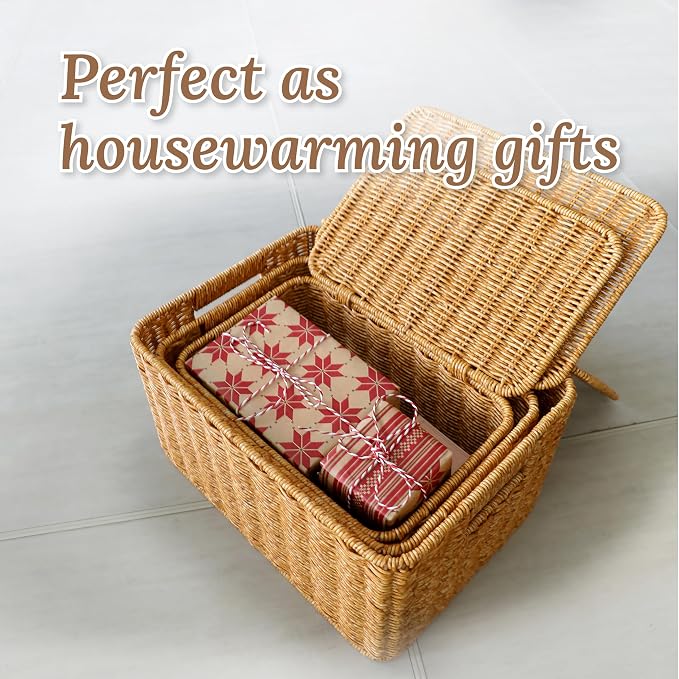 WeeNest Baskets with Handles, Wicker Storage, Shelf Boxes for Organizing, Stackable Woven Bins, Decorative Lidded Resin, Set of 3, Amber - Image 7