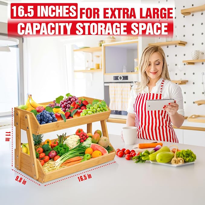 16.5" Fruit Stand Storage Holder 4 Sturdier Legs, 2-Tier Fruit Basket Bowl | Premium Produce Basket for Kitchen, Bamboo Fruit Bowl Holder for Fruit, Vegetables, Bread, Snacks, Countertop Organizer - Image 4