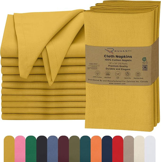 Ruvanti Cloth Napkins Set of 12, 18x18 Inches, 100% Cotton, Washable, Soft & Absorbent, Perfect for Wedding, Christmas, ‎Thanksgiving Dinners - Spicy Mustard by Ruvanti