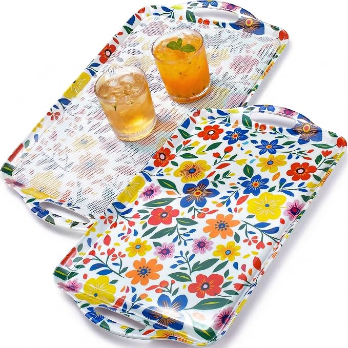 Large Melamine Platters, Serving Tray with Handles for Cookie, Cupcakes, Desserts, Dishwasher Safe, Ottoman Tray Decor, Set of 2, 2 pcs Mats Included (Boho Botanical, 19''x11.6'') by BEESEBN