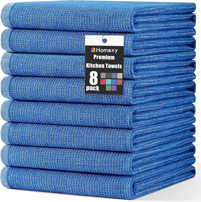 Homaxy 380 GSM Cotton Premium Kitchen Towels 8 Pack, 18"x 28", Blueberry | Flat and Terry Dish Towels, Highly Absorbent Tea Towel Set with Hanging Loop, Soft Utility Kitchen Hand Towels by Homaxy