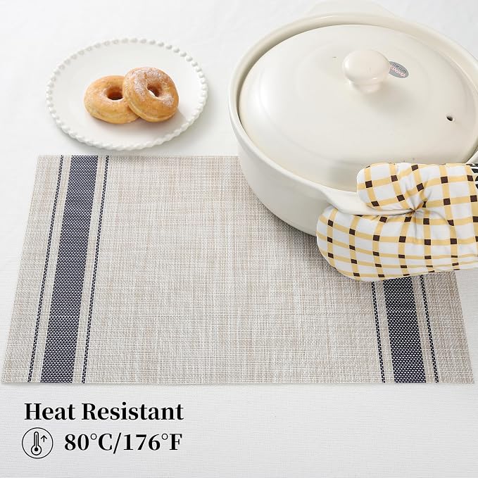 Leetaltree Khaki-Blue Placemats, Heat Resistant Non-Slip Place mats for Dining Table, Washable Durable PVC Vinyl Woven Table Mats (Set of 6) - Image 5