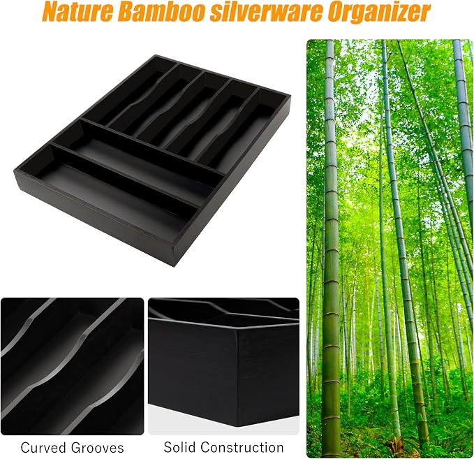 Bamboo Silverware Drawer Organizer, Utensil Kitchen Drawer Organizer, Utensil Holder Cutlery Tray with Grooved Drawer Dividers for Kitchen Utensils and Flatware Bedroom Office (7 Slot, Black) - Image 5