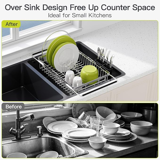 JASIWAY Expandable Dish Drying Rack Over the Sink with Utensil Holder | Stainless Steel Adjustable Dish Driainers for Small Kitchen, Counter Space Saving, Fast Drain, Rustproof, For Apartment, RV - Image 2