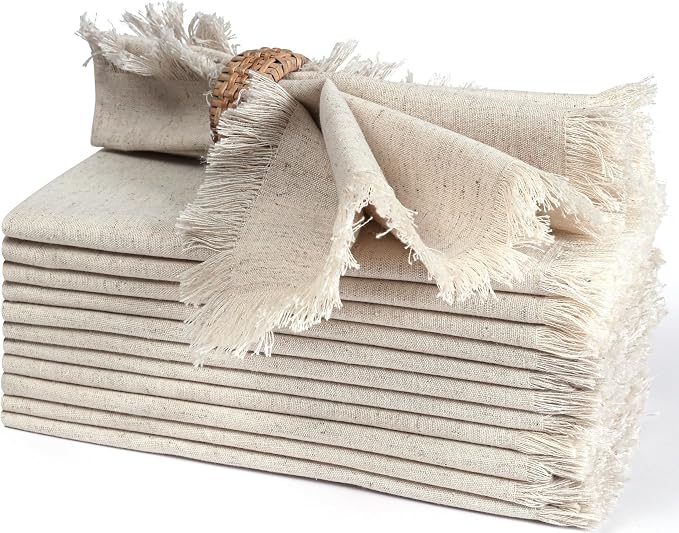 Linen Cloth Dinner Napkins Set of 12 – 18x18 Natural with Fringed Corners | Machine washable Fabric Napkins For Weddings, Baby Showers, Parties & Dining by BeddingCraft