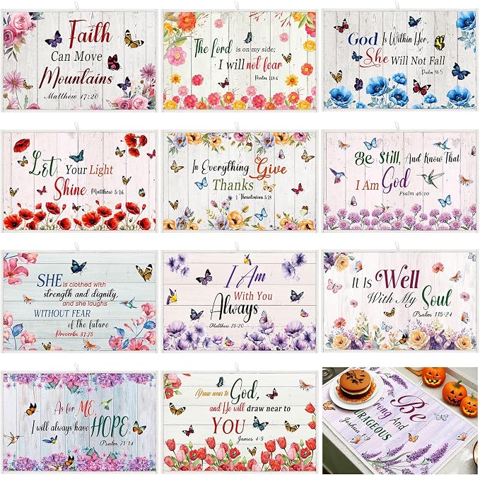12 Pcs Christian Dish Drying Mats for Kitchen 24"x 16" Gifts Bulk | Religious Floral Scripture Hymn Microfiber Absorbent Washable Drainer Mat for Counter Home Accessories Decorations by Meanplan